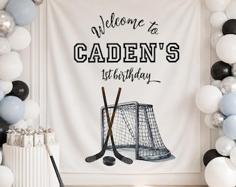 Personalized Hockey Welcome Backdrop, First Birthday Party Entrance Banner, Custom Name Rookie Birthday Photo Background