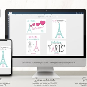 May include: A digital screen displaying four printable Valentine's Day cards featuring a pink and blue Eiffel Tower design. The text on the cards includes "Je t'adore Valentine!" "Valentine, we go together better than..." "I bet we were meant to be friends!" and "Valentine, you are one of the best "PARIS""