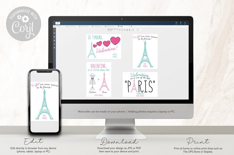 May include: A digital screen displaying four printable Valentine's Day cards featuring a pink and blue Eiffel Tower design. The text on the cards includes "Je t'adore Valentine!" "Valentine, we go together better than..." "I bet we were meant to be friends!" and "Valentine, you are one of the best "PARIS""