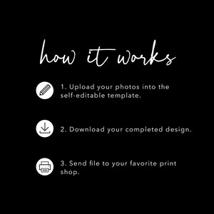May include: How it works: Upload photos to a self-editable template, download the completed design, and send the file to your favorite print shop.