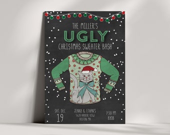 May include: A black chalkboard style invitation for a Christmas sweater party. The invitation features a green and white Christmas sweater with a cat wearing a Santa hat. The text on the invitation reads "The Miller's Ugly Christmas Sweater Bash", "Sat. Dec 19", "Jenny & Ethan's 5628 Harbor View Boston, MA", "7:30 PM BYOB".