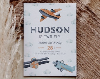 Two Fly Airplane Birthday Invitation for Second Birthday Party - Vintage, Fly on over, Editable Template Printable, Boy 2nd Birthday Invite