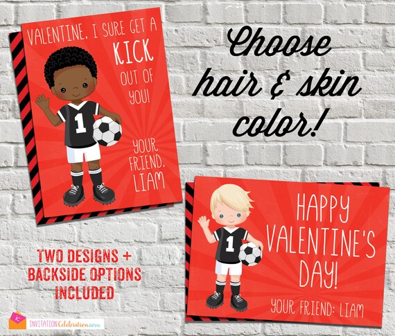 Soccer Valentine - PRINTABLE - Personalized - Soccer Player - Boy - Sports Valentine - Classroom Valentine Cards - Choose Hair and Skin Il_570xn