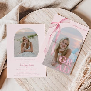 Pink Bow Graduation Invitation, Canva Template, Editable Girly Grad Party Invite, Coquette Bow, Aesthetic Senior Announcement Photo image 5