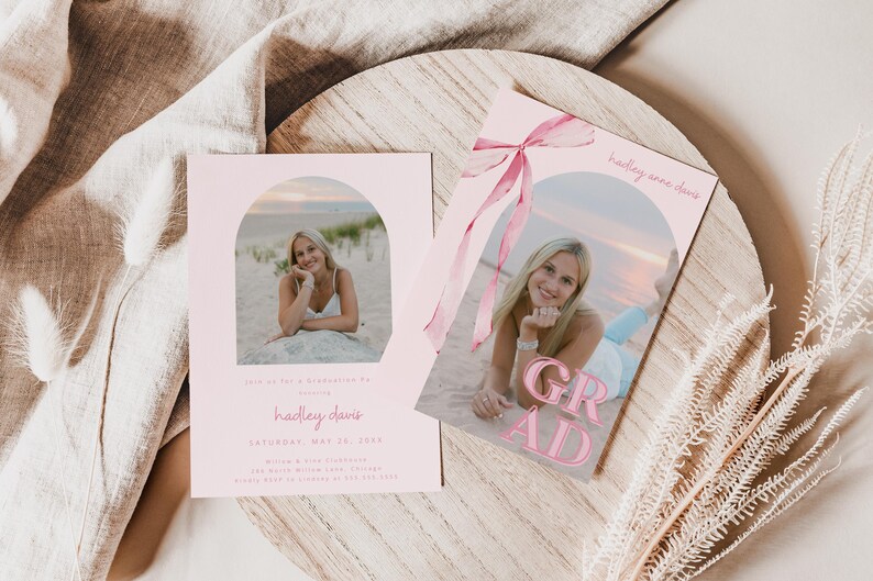 Pink Bow Graduation Invitation, Canva Template, Editable Girly Grad Party Invite, Coquette Bow, Aesthetic Senior Announcement Photo image 5