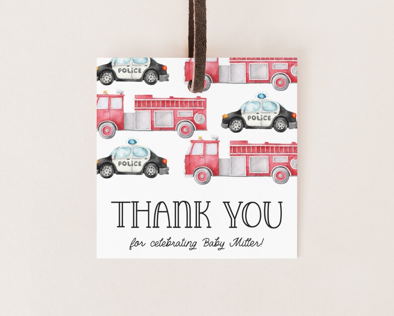 May include: Thank you card with a white background and a pattern of red fire trucks and black police cars. The text "THANK YOU for celebrating Baby Mitter!" is printed in black at the bottom of the card.
