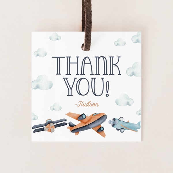 Vintage Airplane Birthday Party Favor Tag - Retro Plane Party, Fly on over, Navy Blue Orange - Thank You Tag - Label - EDITABLE - DIY