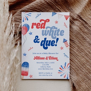 Red White and Due Invitation, 4th of July Baby Shower Invitation - Red White and Blue - July Gender Reveal Evite - Digital Invite Template