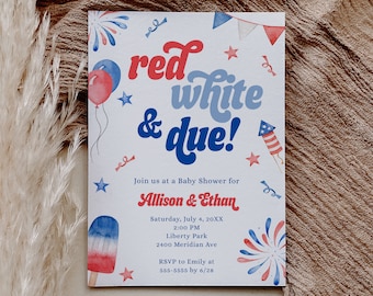 Red White and Due Invitation, 4th of July Baby Shower Invitation - Red White and Blue - July Gender Reveal Evite - Digital Invite Template