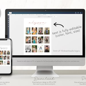 May include: A digital mockup of a printable sign with a photo collage of a child named Alyssa. The sign is customizable with editable text, font, and color. The text on the sign reads "Alyssa, A Life of Firsts".