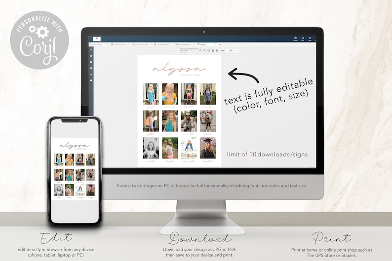 May include: A digital mockup of a printable sign with a photo collage of a child named Alyssa. The sign is customizable with editable text, font, and color. The text on the sign reads "Alyssa, A Life of Firsts".