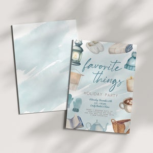 Favorite Things Christmas Party Invitation Template.  Editable Instant Download. Watercolor blue, beige graphics.