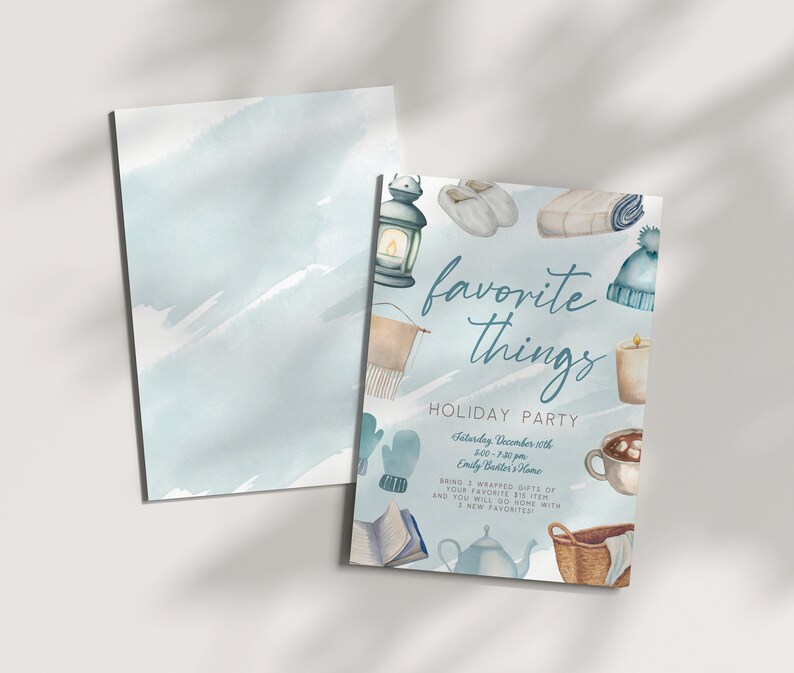 Favorite Things Christmas Party Invitation Template.  Editable Instant Download. Watercolor blue, beige graphics.