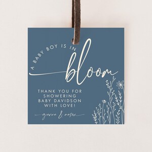 Etykieta z podziękowaniami dla Baby in Bloom - Baby Boy in Bloom - Baby Shower Wildflower - Etykieta z podziękowaniami Blue Topaz - Etykieta - Szablon do edycji - Dowolny kolor