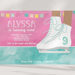 Ice Skating Party Invitation - Birthday Invite - Watercolor - Pink, Teal, EDITABLE template - DIY