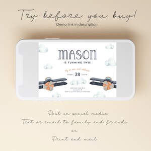 May include: A blue and white airplane themed birthday invitation for a boy turning two. The invitation features a watercolor illustration of a biplane flying through the clouds. The text on the invitation reads "Mason is turning two!" and includes the date and time of the party.