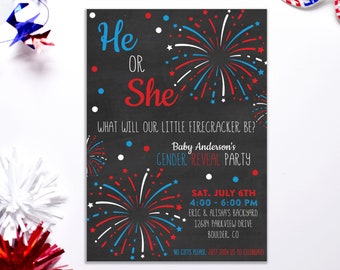4th of July Fireworks Gender Reveal Party Invitation - Red Blue - July - Little Firecracker Reveal Party - Digital - EDITABLE - DIY