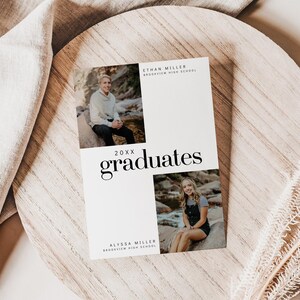 Joint Graduation Party Invitation - Two Person Grad Party Invite, Double, Siblings, Twins, Photo, Minimalist, Editable CANVA Template
