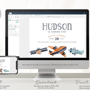 May include: An editable digital invitation for a birthday party. The invitation features a blue and orange aeroplane design with the text "HUDSON IS TURNING FIVE!" and the date "OCTOBER 28".