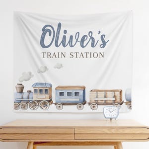 Train Backdrop - Train Birthday Party Decorations - Vintage Train Banner, Fabric Tapestry, Blue Train Wall Hanging - Free US Shipping