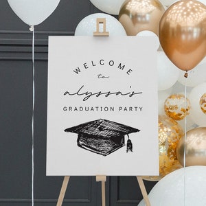 Pu&ograve; includere: Un cartello di benvenuto per una festa di laurea su un cavalletto di legno. Il cartello recita "Benvenuti alla festa di laurea di Alyssa" con un disegno di un cappello di laurea. Palloncini bianchi, dorati e con coriandoli decorano lo sfondo.