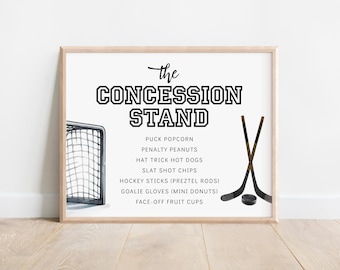Plantilla de letrero para puesto de comida de hockey, menú de comida de cumpleaños de hockey sobre hielo editable, mesa de refrigerios, descarga instantánea de Corjl 8x10