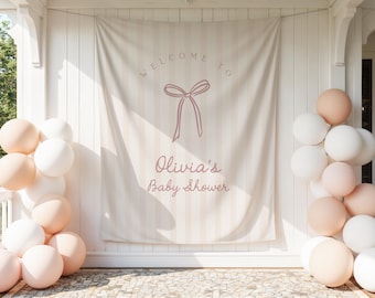Bow Baby Shower Backdrop | Pale Pink Beige Striped Banner | Neutral Welcome Sign | Personalized Girl Baby Shower Decor | Bridal Shower
