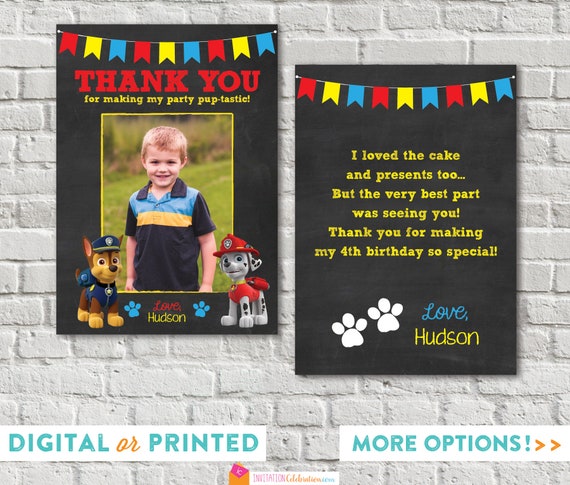 Paw Patrol Party Thank You Card - Paw Patrol Photo Thank You - Chase Marshall - Puppy Dog Party - Personalized - Digital or Printed Il_570xn