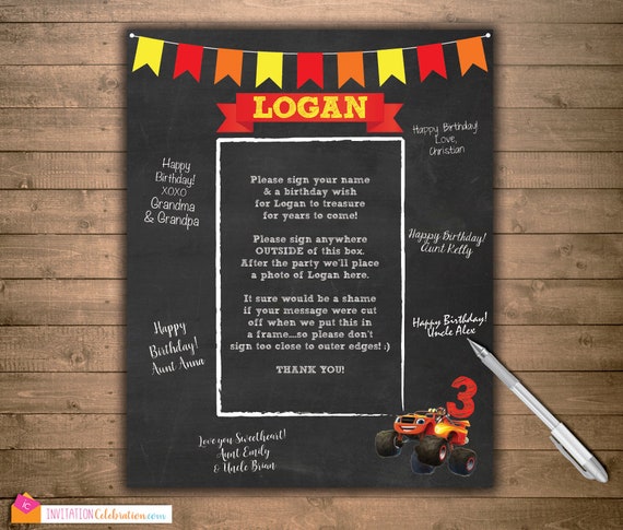 Blaze Party Monster Truck Printable Birthday Signature Mat Guest Book Photo Frame Blaze Monster Machine Wish Board By Invitation Celebration Catch My Party