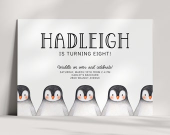 Penguin Birthday Invitation - Penguin Party Invite, Waddle on Over, Minimalist, Gender Neutral, Winter, Modern, Digital, Printable, EDITABLE