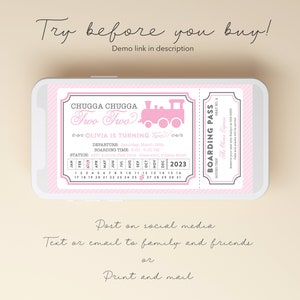 May include: A pink and white printable invitation for a child's second birthday party. The invitation features a train and the text "Chugga Chugga Two Two Olivia is Turning Two!" with a calendar showing the date of the party.
