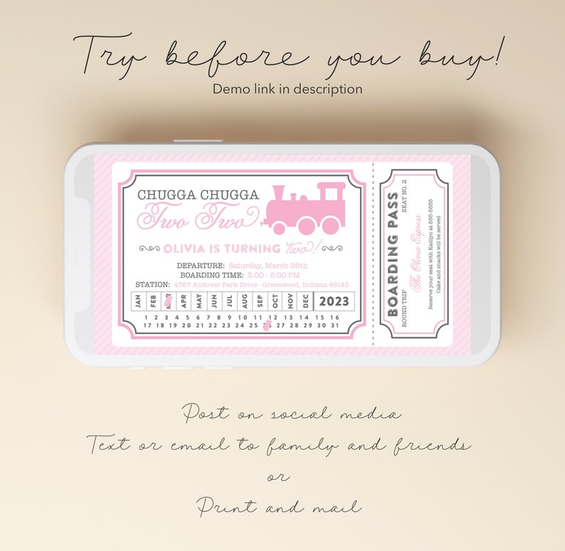 May include: A pink and white printable invitation for a child's second birthday party. The invitation features a train and the text "Chugga Chugga Two Two Olivia is Turning Two!" with a calendar showing the date of the party.