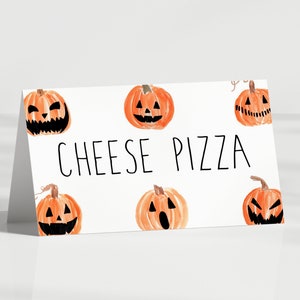 Boo é dois cartões de barraca de comida, rótulos de comida de abóbora, aniversário de Halloween - cartão de lugar Jack o Lantern, dobrado, modelo EDITÁVEL, faça você mesmo