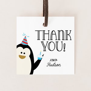 Etiqueta de regalo para fiesta de cumpleaños de pingüino - Niño rojo y azul - Etiqueta de agradecimiento - Etiqueta - EDITABLE - Hazlo tú mismo