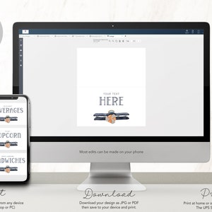 Może przedstawiać: Cyfrowy projekt wyświetlany na monitorze komputera i smartfonie. Projekt zawiera grafikę samolotu i tekst "YOUR TEXT HERE". Smartfon wyświetla opcje menu dla napoj&oacute;w, popcornu i kanapek. Obraz zawiera instrukcje.
