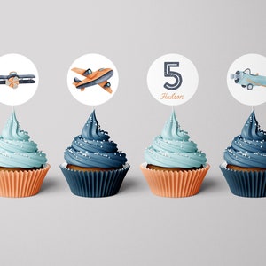 Airplane Cupcake Topper - Vintage Plane - Flying Birthday Party - Minimalist - Circle - Sticker - Tag - EDITABLE - DIY