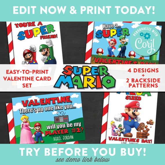 Mario Valentine Cards - Editable - INSTANT DOWNLOAD - Kids Valentine - Video Game - Super Mario Valentine - You Edit Now on Phone or Tablet Il_570xn