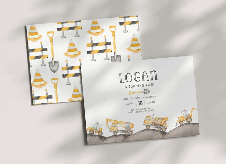 May include: Construction themed birthday invitation featuring yellow and black construction cones, shovels, and barriers. The invitation reads "Logan is turning two!" and includes the date and time of the party.