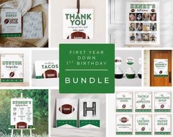 PAQUETE "Primer Año de Juego": Decoración para fiesta de primer cumpleaños de fútbol, invitación, letreros, cápsula del tiempo, recuerdos, imprimible y editable.