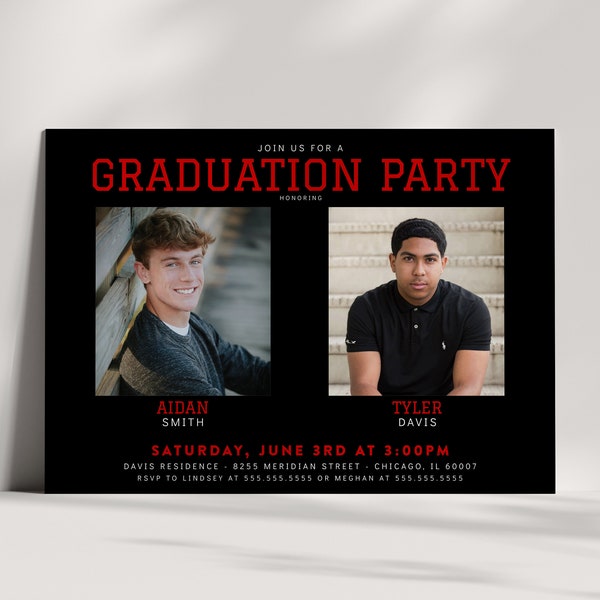 Joint Graduation Party Invitation - Two Person Grad Party Invite - Siblings, Friends, Photos, Minimalist, Class of 2024 - Editable Template