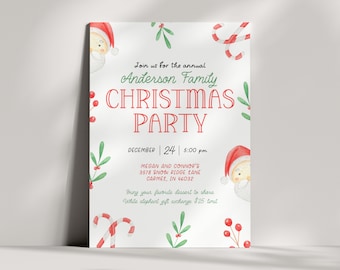 May include: A white Christmas party invitation with red and green watercolor illustrations of Santa Claus, candy canes, holly, and berries. The text reads "Join us for the annual Anderson Family Christmas Party, December 24, 5:00 pm, Megan and Connor's 3578 Snow Ridge Lane Carmel, IN 46032, Bring your favorite dessert to share, White elephant gift exchange $25 limit."