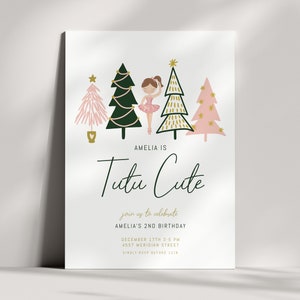 May include: A Christmas-themed invitation for a child's birthday party. The invitation features a ballerina in a pink tutu standing in front of three stylized Christmas trees. The text reads "Amelia is Tutu Cute" and includes details about the party, including the date, time, and location.
