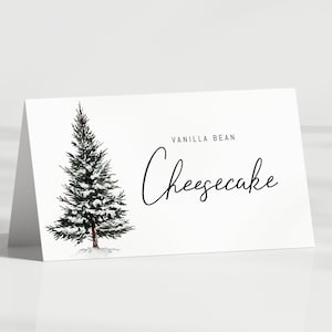 Tarjetas de carpa para comida de fiesta navideña, tarjetas para mesa de cena navideña, tarjetas de buffet navideño (etiqueta, plegables, árbol de Navidad minimalista, editables, hazlo tú mismo)