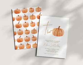 Pumpkin is TWO - Fall Second Birthday Invitation - Our Little Pumpkin 2nd Birthday Invite - Autumn - Printable - Editable Template - DIY