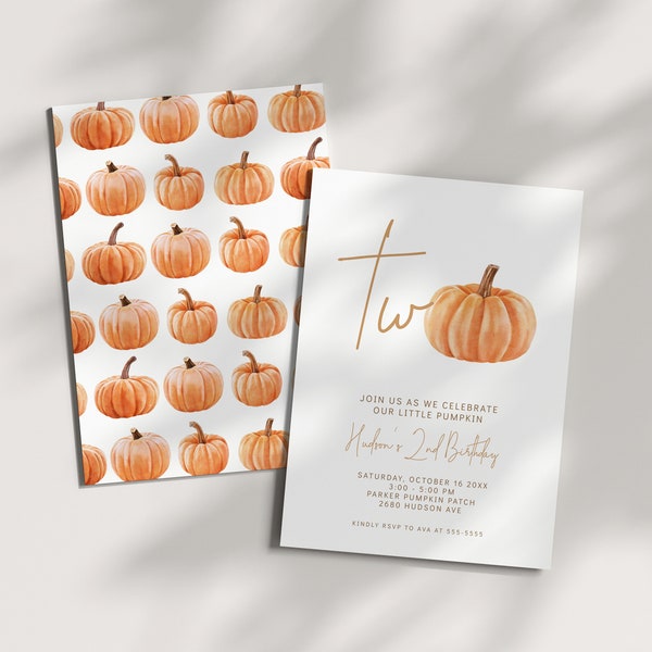 Pumpkin is TWO - Fall Second Birthday Invitation - Our Little Pumpkin 2nd Birthday Invite - Autumn - Printable - Editable Template - DIY