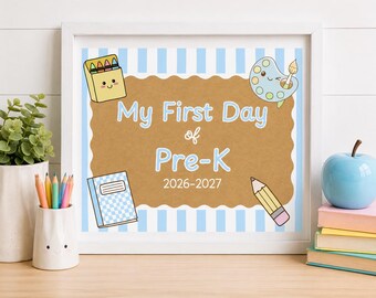 First Day of School Sign, Blue Stripes, Kraft Background, Photo Prop (Digital Download)