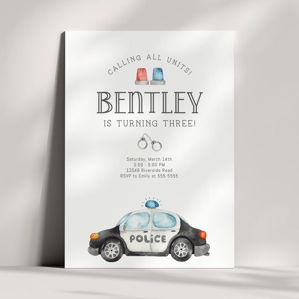 Policeman Invitation - Police Car Birthday Invite, Calling All Units, Cop, Patrol Car, Police man Party - Watercolor - EDITABLE - DIY