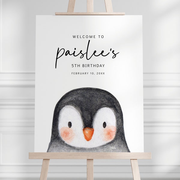 Panneau de fête pingouin - anniversaire de pingouin - animal de l'Arctique - baby shower d'hiver - panneau de bienvenue - panneau d'entrée - décoration murale - MODIFIABLE - DIY