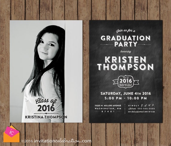 Chalkboard Graduation Announcement - Retro - Vintage - OPTIONAL Backside Party Invitation with Photo - Choose Digital or Printed w/Envelopes Il_570xn