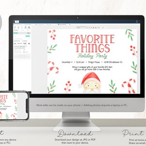 May include: A computer monitor and smartphone display a holiday party invitation. The invitation features the text "Favorite Things Holiday Party" with festive watercolor illustrations of candy canes, berries, and Santa Claus.